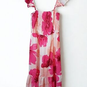 Flying Tomato Floral Maxi Dress Large Red Pink White Flutter Sleeve Boho Spring